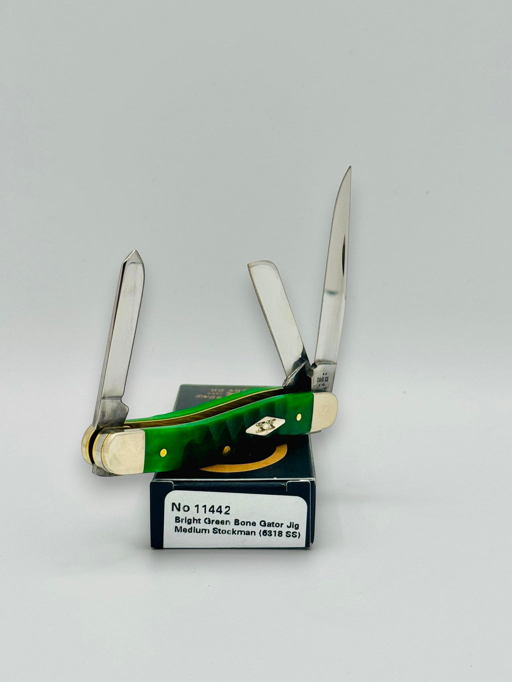 Case XX 11442 Bright Green Bone Gator Jig Medium Stockman — blade detail on Case box