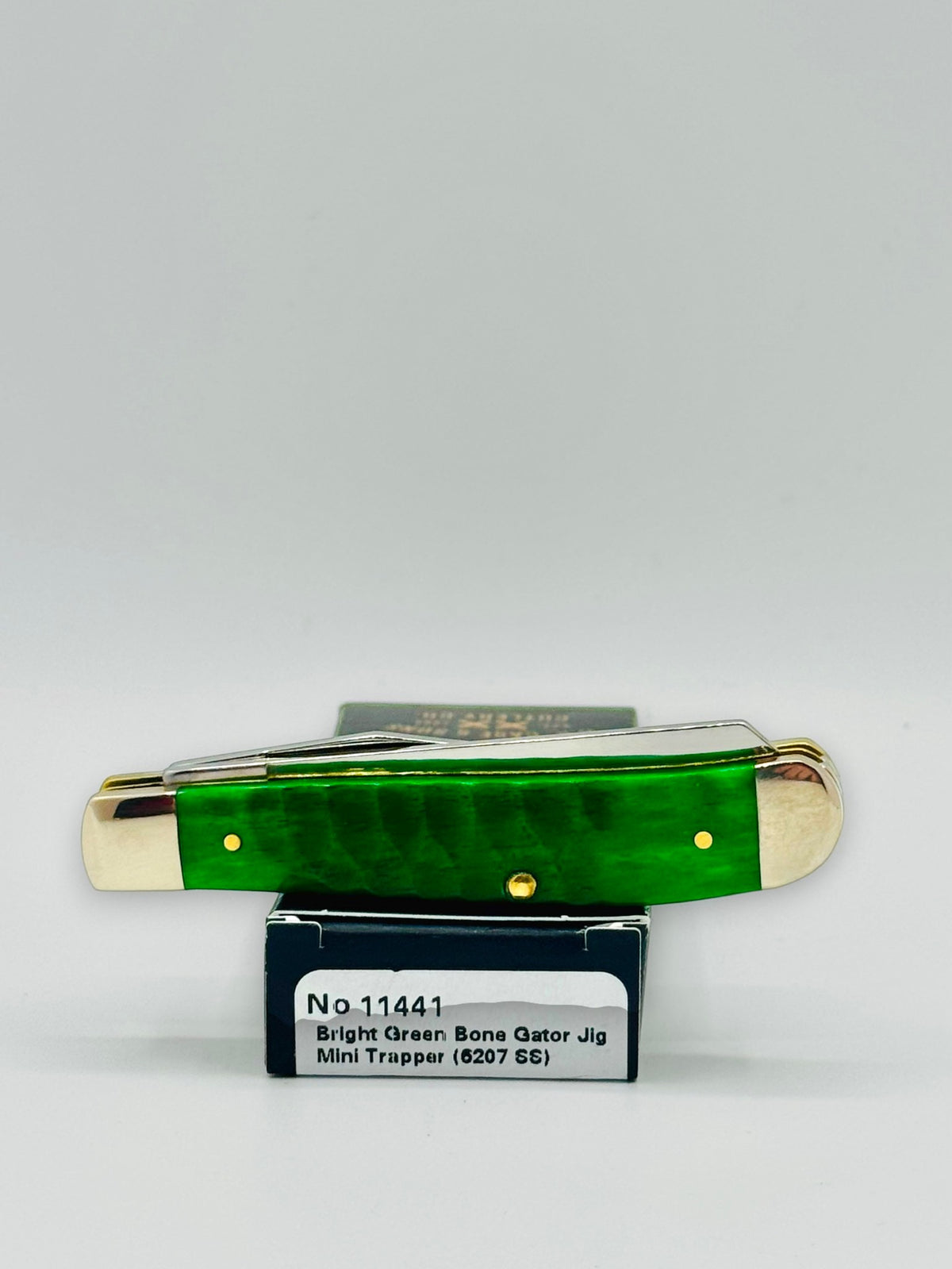 Case XX 11441 Bright Green Bone Gator Jig Mini Trapper — boxed presentation