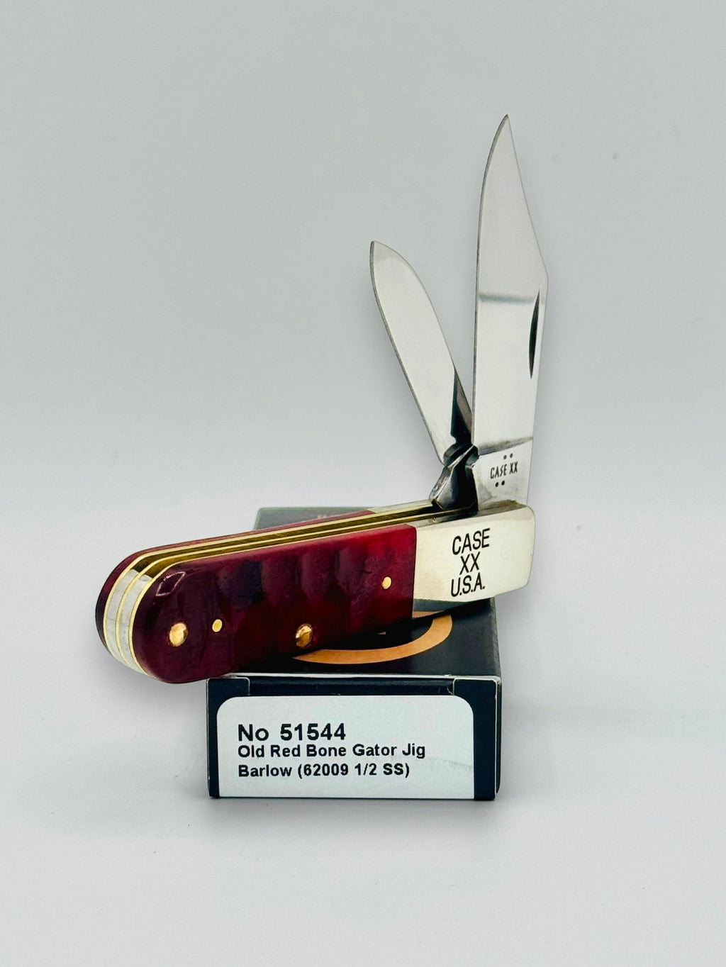 Case XX 51544 Red Bone Gator Jig Barlow — blade detail on Case box