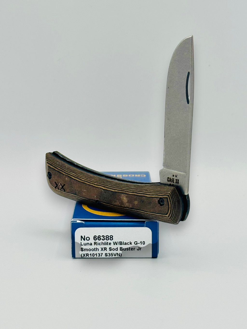 Case XX 66388 Crossroads Black Tan Richlite Sod Buster Jr — closed on Case box