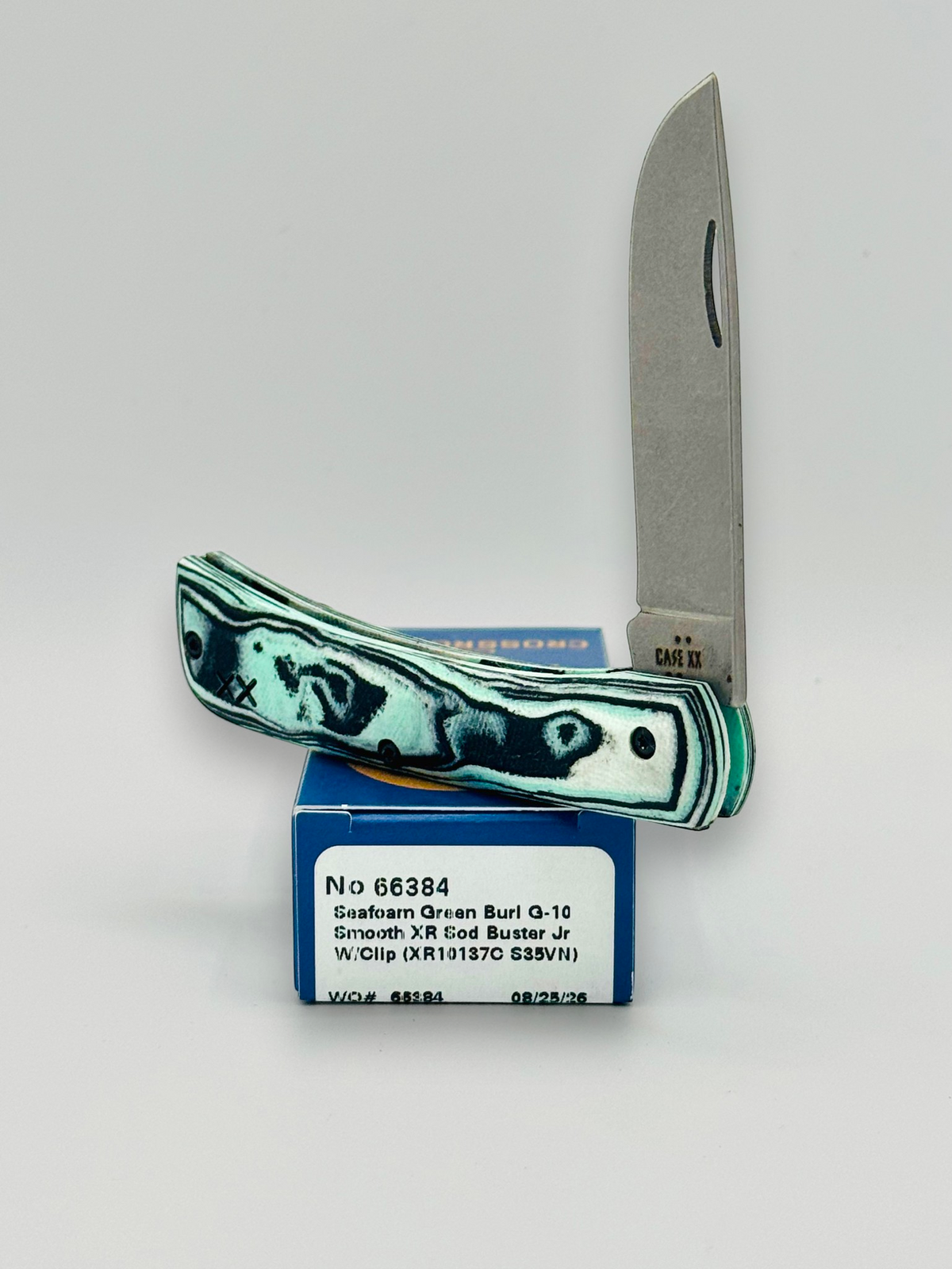 Case XX 66384 Crossroads Seafoam G-10 Sod Buster Jr — closed on Case box