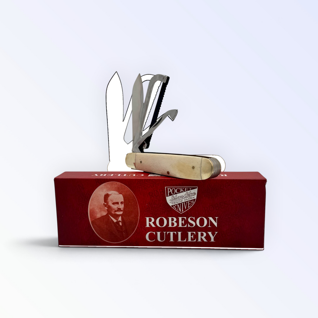 Pigeon Roost Knives Robeson Gamecock folder with white smooth bone handle and three mirror-finish stainless blades