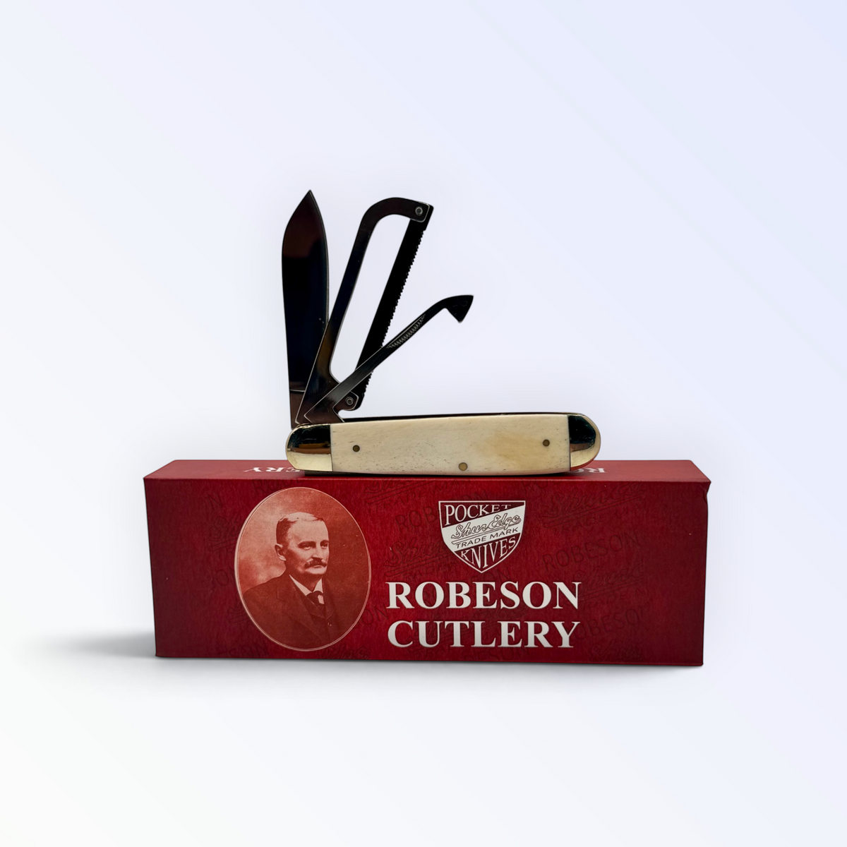 Pigeon Roost Knives Robeson Gamecock three-blade pocket knife with white smooth bone handle and mirror-finish blades.