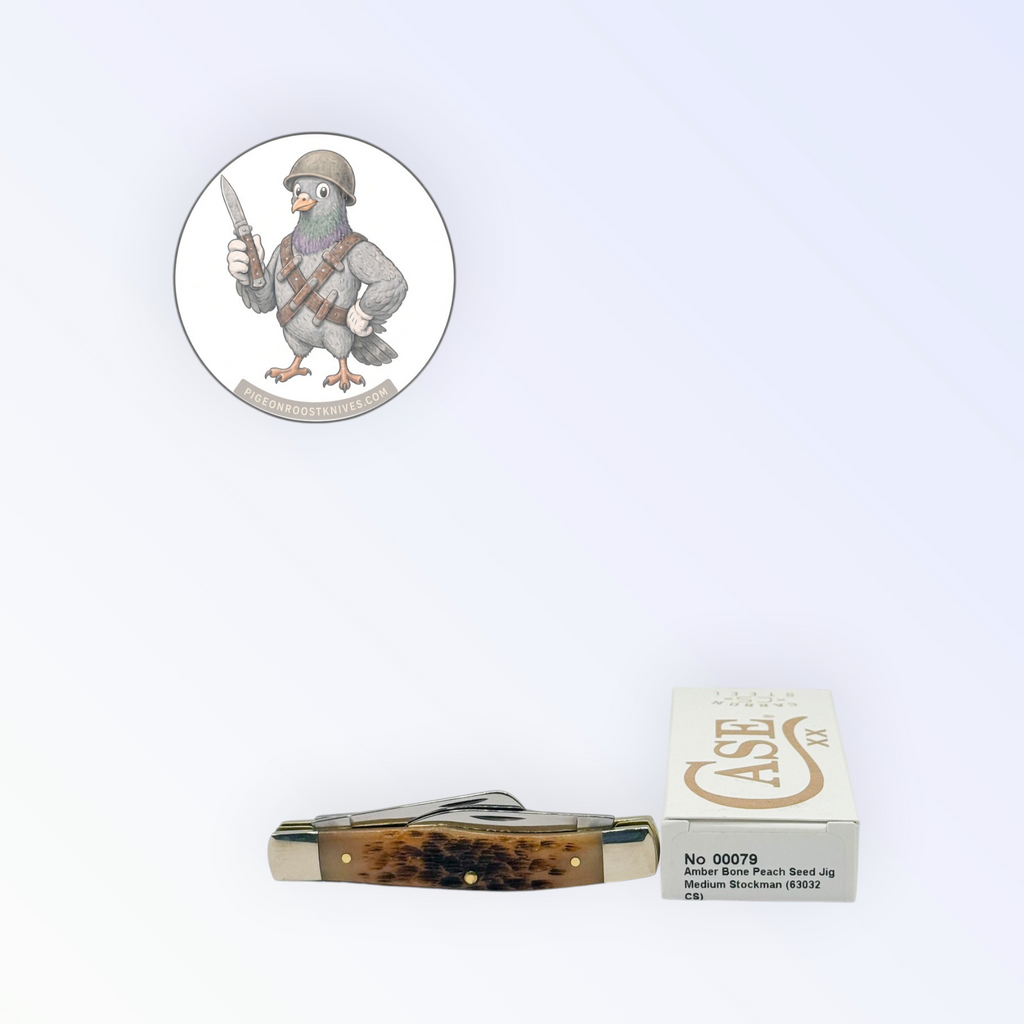 Pigeon Roost Knives Case XX Medium Stockman pocket knife with peach seed jigged amber bone handle and original box