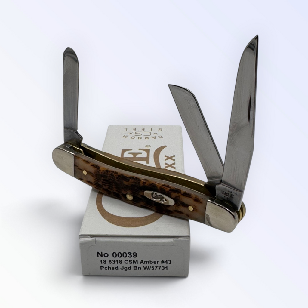 Pigeon Roost Knives Case XX Medium Stockman pocket knife with amber bone handle and three carbon steel blades