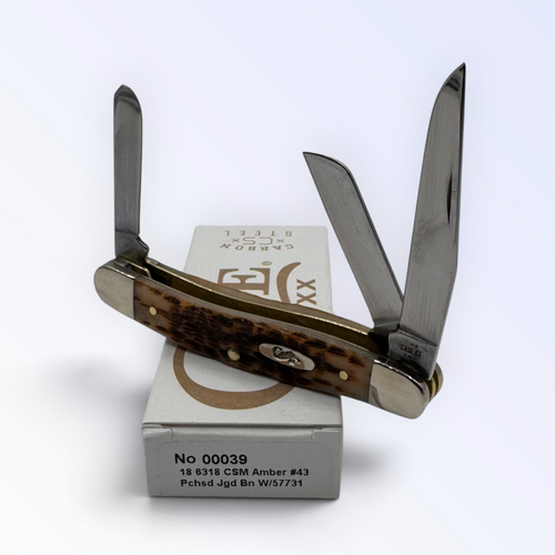 Pigeon Roost Knives Case XX Medium Stockman pocket knife with amber bone handle and three carbon steel blades
