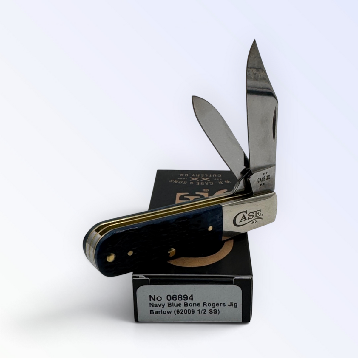 Pigeon Roost Knives Case XX Barlow pocket knife with navy blue jigged bone handle and dual stainless steel blades