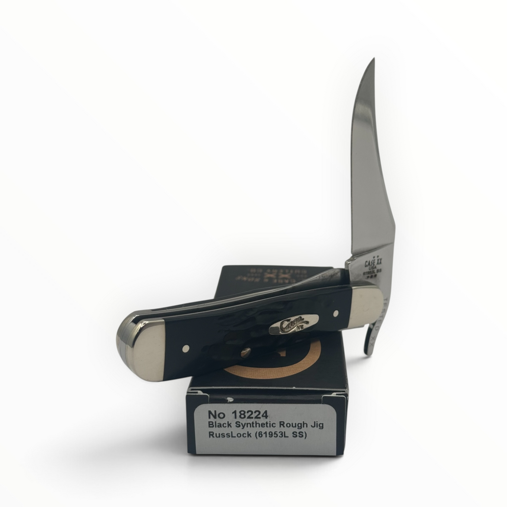 Pigeon Roost Knives Case XX RussLock folding knife with a black rough jig synthetic handle and stainless steel blade.