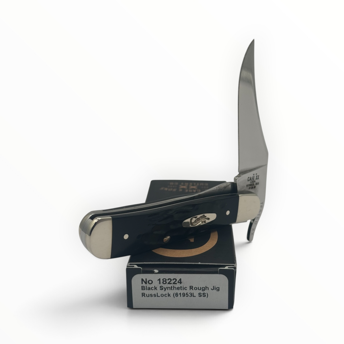 Pigeon Roost Knives Case XX RussLock folding knife with a black rough jig synthetic handle and stainless steel blade.