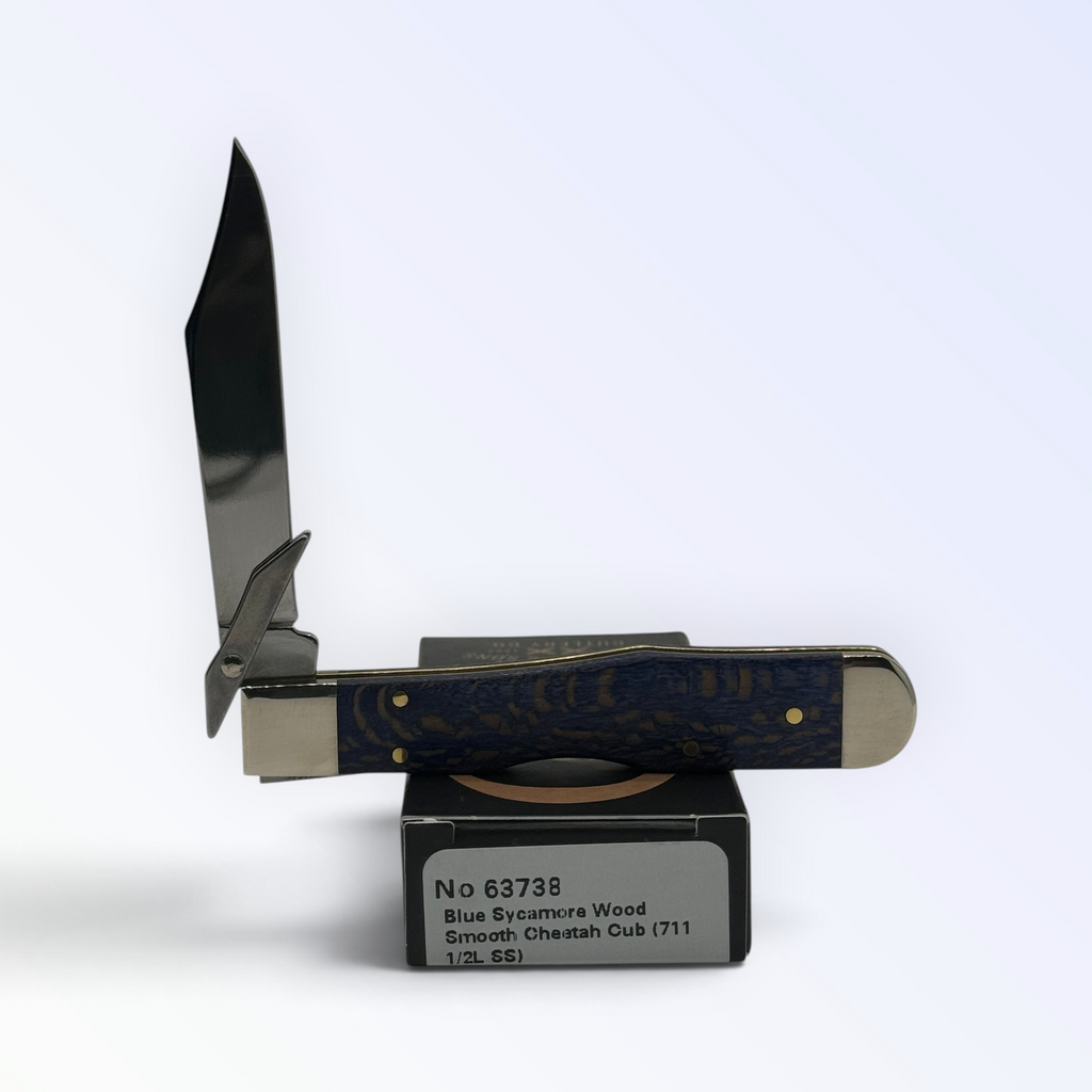Pigeon Roost Knives Case XX Cheetah Cub pocket knife with blue sycamore wood handle and swing guard blade