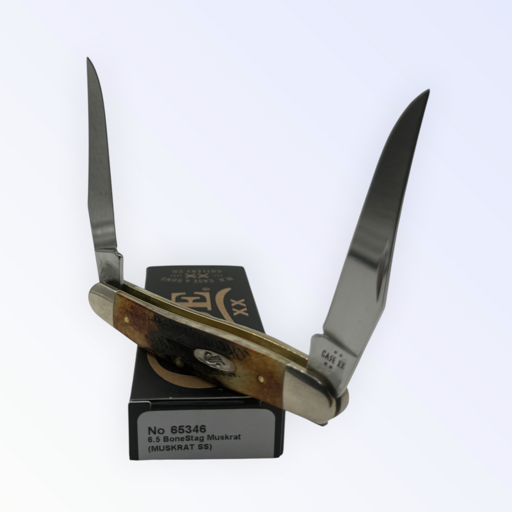 Pigeon Roost Knives Case XX 6.5 BoneStag Muskrat pocket knife with two open clip blades and jigged amber bone handle