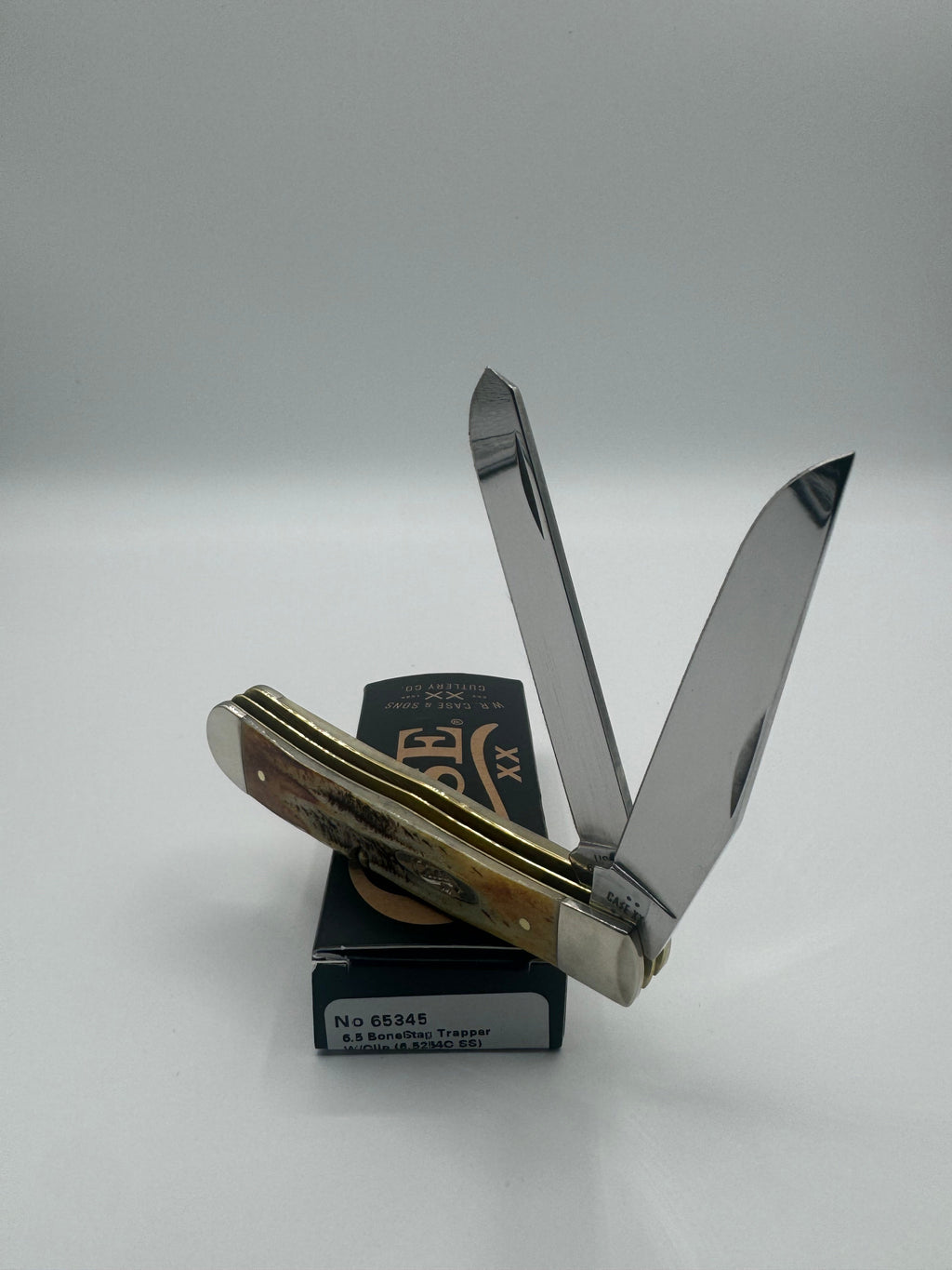 Pigeon Roost Knives Case XX 6.5 BoneStag Trapper pocket knife with two open stainless steel blades and pocket clip