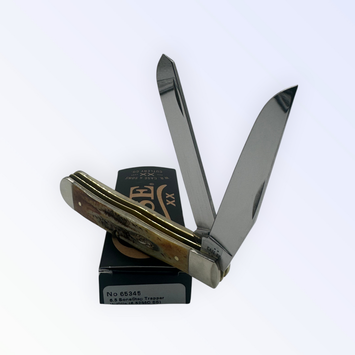 Pigeon Roost Knives Case XX 6.5 BoneStag Trapper pocket knife with two open stainless steel blades and pocket clip