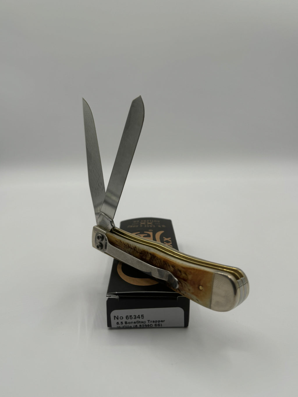 Pigeon Roost Knives Case XX 6.5 BoneStag Trapper pocket knife with open blades and removable pocket clip