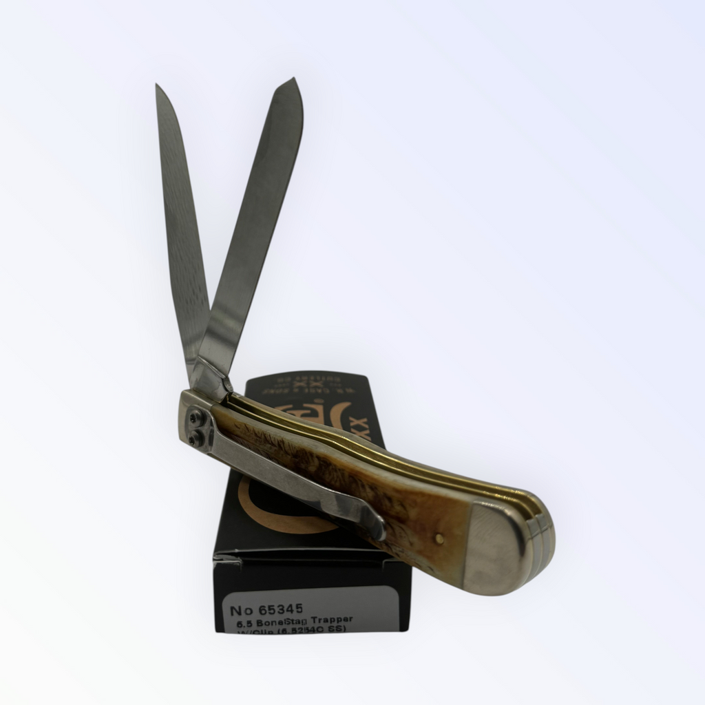 Pigeon Roost Knives Case XX 6.5 BoneStag Trapper pocket knife with open blades and removable pocket clip