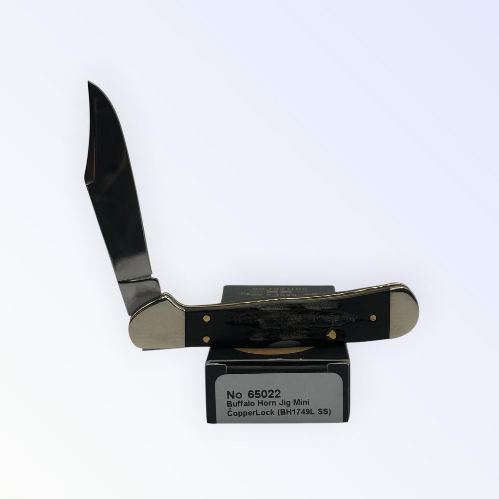 Pigeon Roost Knives Case XX Mini CopperLock pocket knife with jigged buffalo horn handle and locking clip blade.