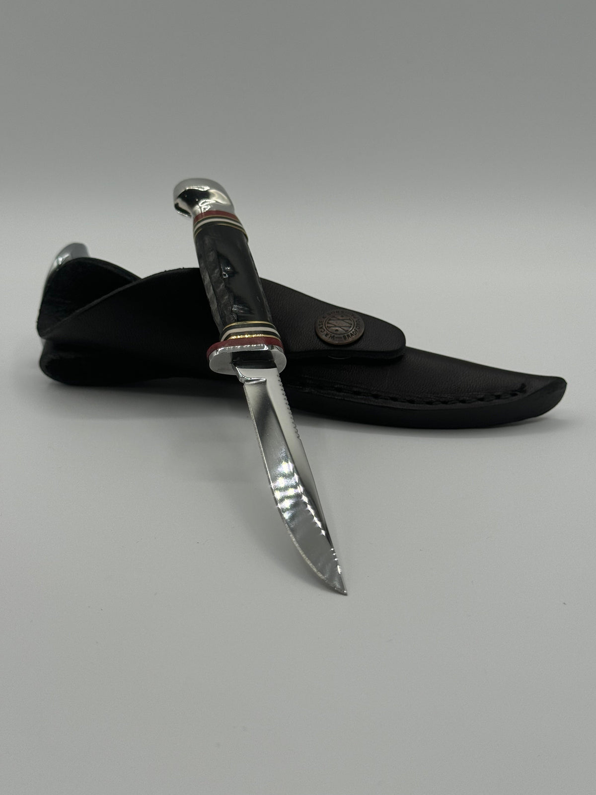 Pigeon Roost Knives Case XX Mini Finn fixed blade knife with jigged buffalo horn handle and leather belt sheath