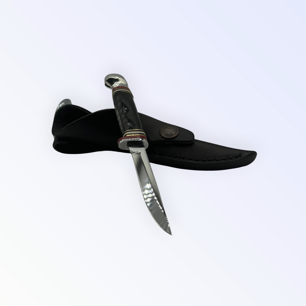 Pigeon Roost Knives Case XX Mini Finn fixed blade knife with jigged buffalo horn handle and leather belt sheath