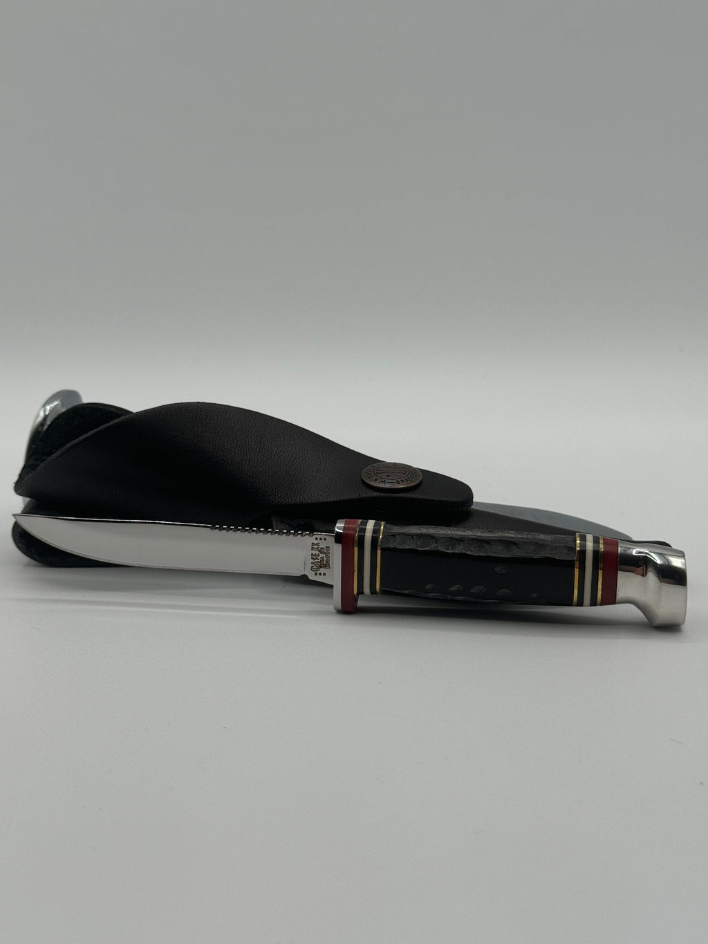 Pigeon Roost Knives Case XX Mini Finn fixed blade knife with jigged buffalo horn handle and leather sheath