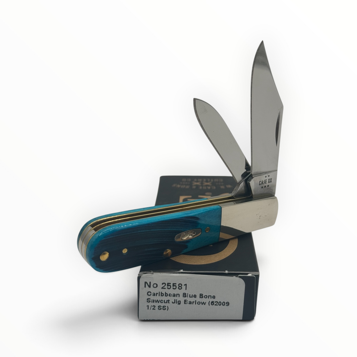 Pigeon Roost Knives Case XX Barlow pocket knife with Caribbean blue sawcut jigged bone handles and two steel blades.