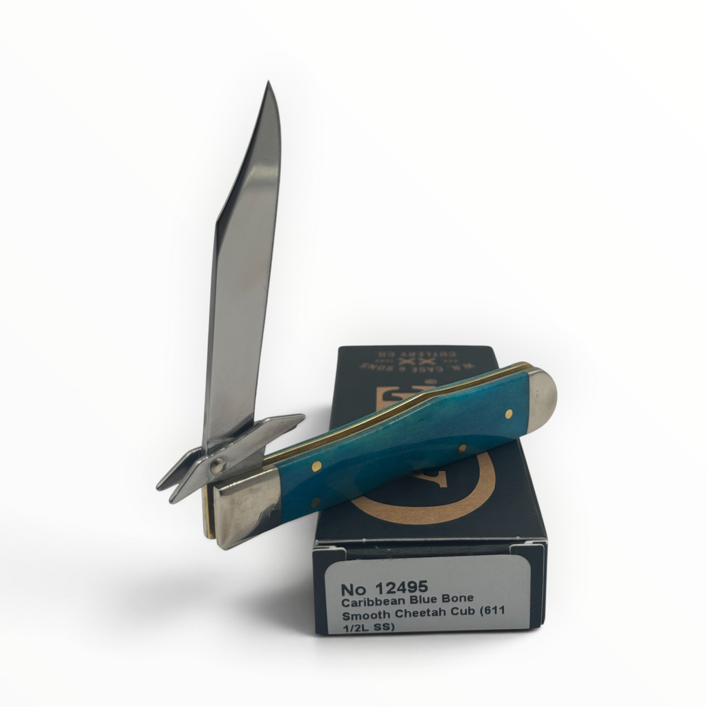 Pigeon Roost Knives Case XX Cheetah Cub pocket knife with smooth Caribbean blue bone handle and swing guard blade.