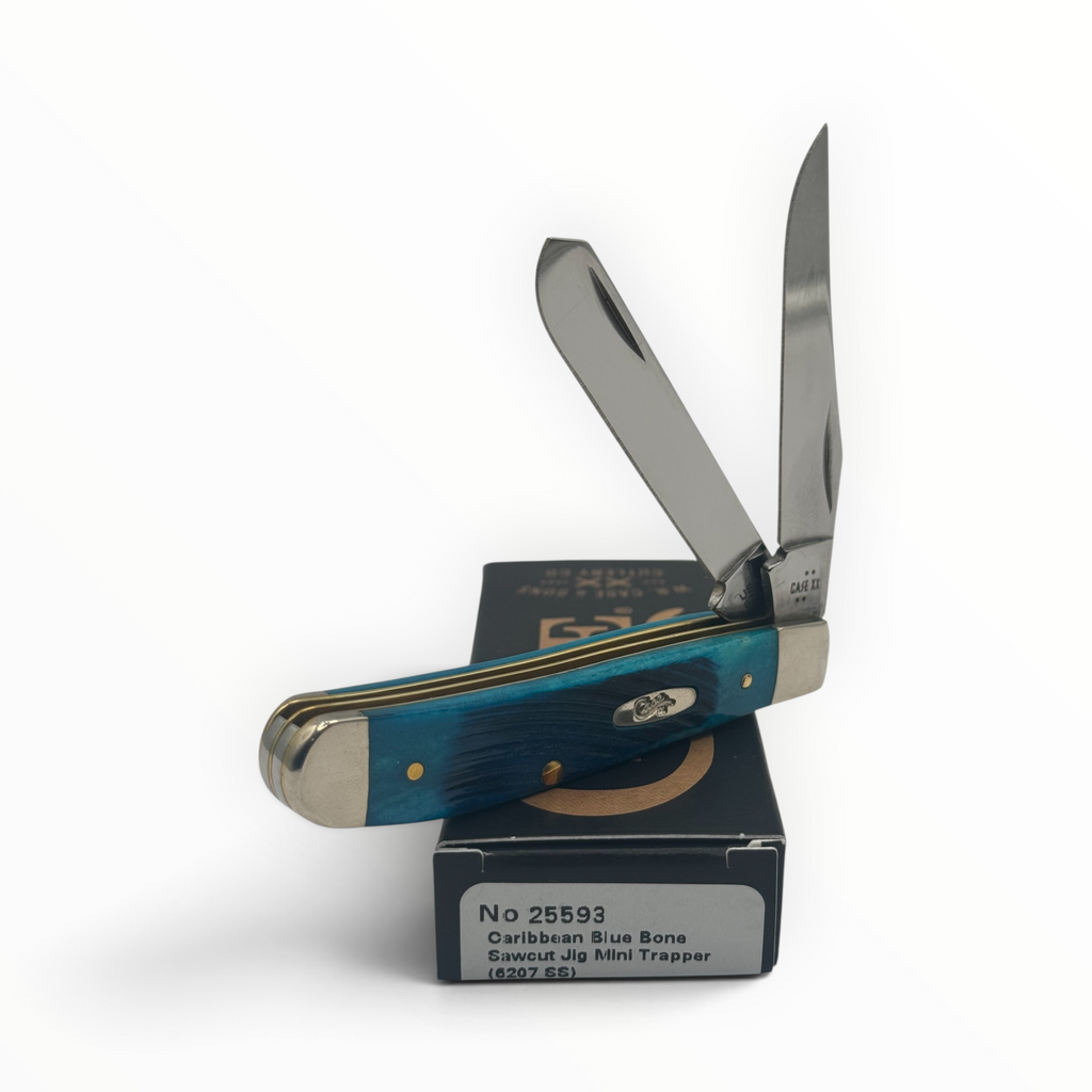 Pigeon Roost Knives Case XX Mini Trapper with Caribbean blue sawcut jigged bone handle and dual stainless steel blades