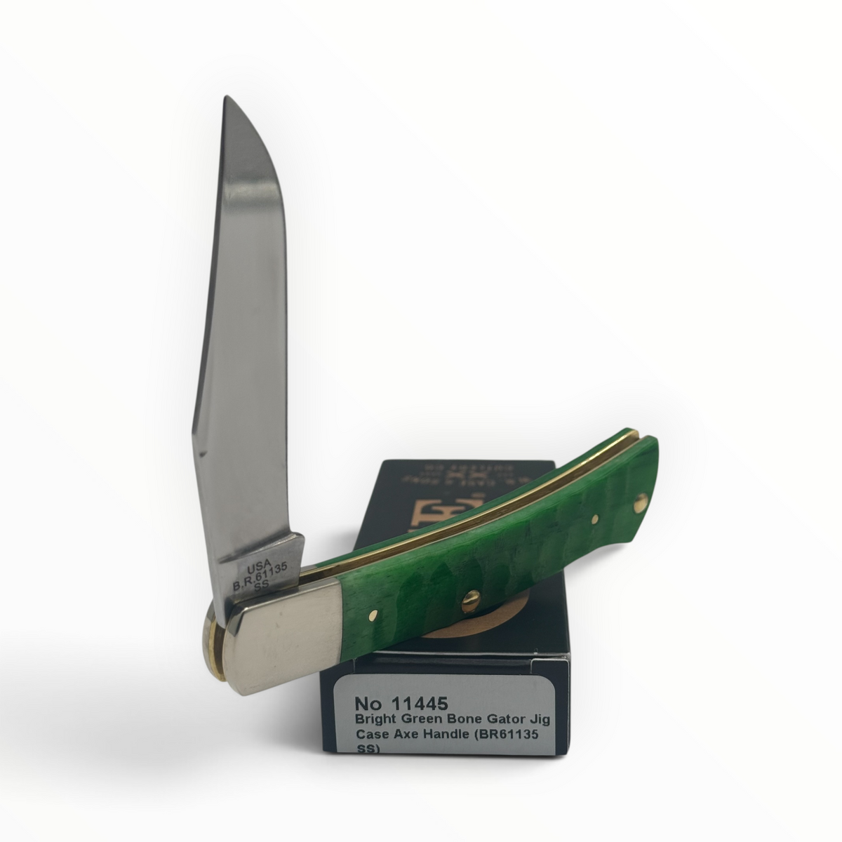 Pigeon Roost Knives Case XX Axe Handle pocket knife with bright green gator jigged bone scales and clip point blade