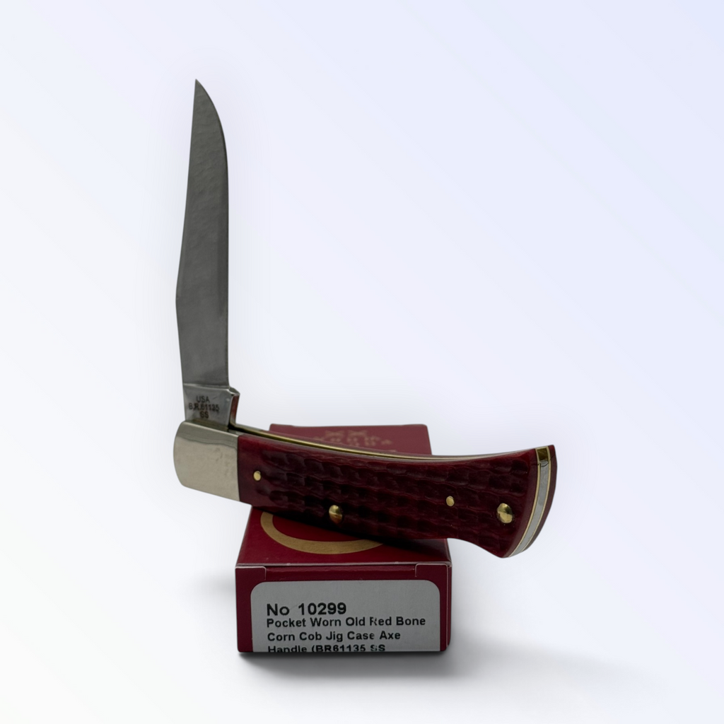 Pigeon Roost Knives Case XX Axe Handle pocket knife with red bone corn cob jig handle and clip point blade