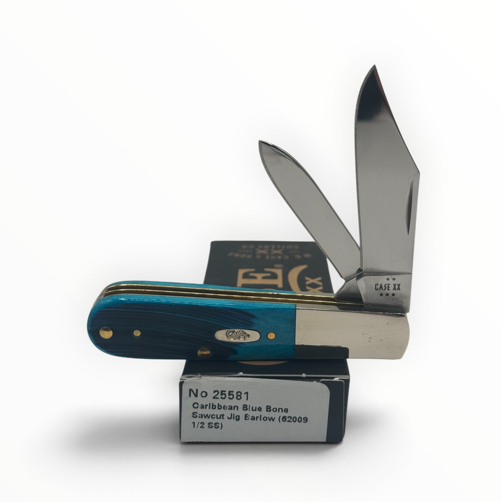 Pigeon Roost Knives Case XX Barlow pocket knife with Caribbean blue sawcut bone handles and two stainless steel blades