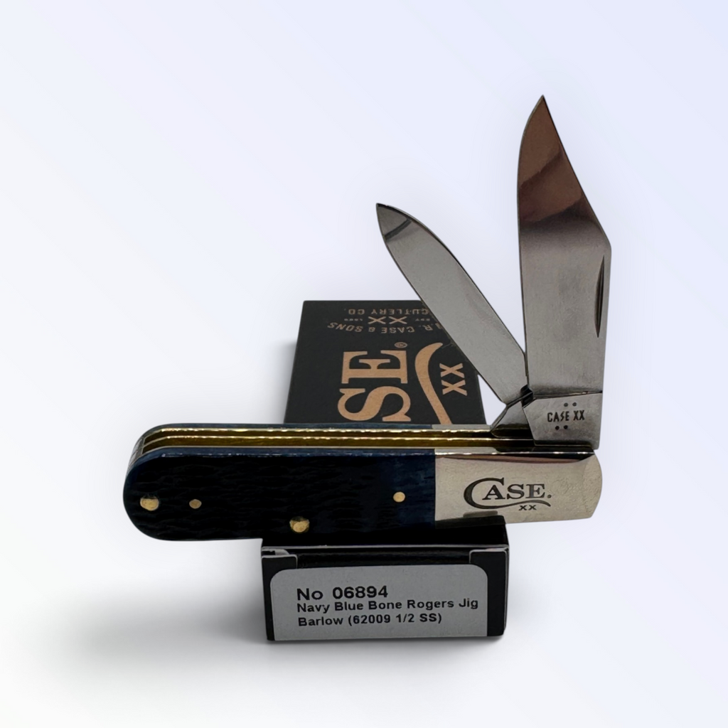 Pigeon Roost Knives Case XX Barlow pocket knife with navy blue jigged bone handle and two stainless steel blades 06894.