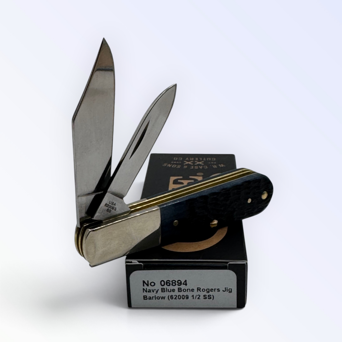 Pigeon Roost Knives Case XX Barlow pocket knife with navy blue jigged bone handle and dual stainless steel blades