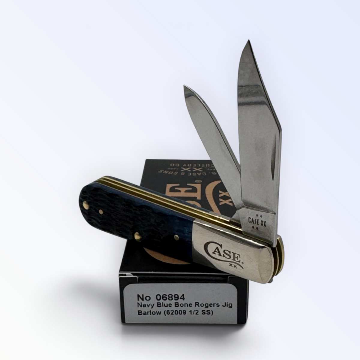 Pigeon Roost Knives Case XX Barlow pocket knife with navy blue jigged bone handle and two stainless steel blades.