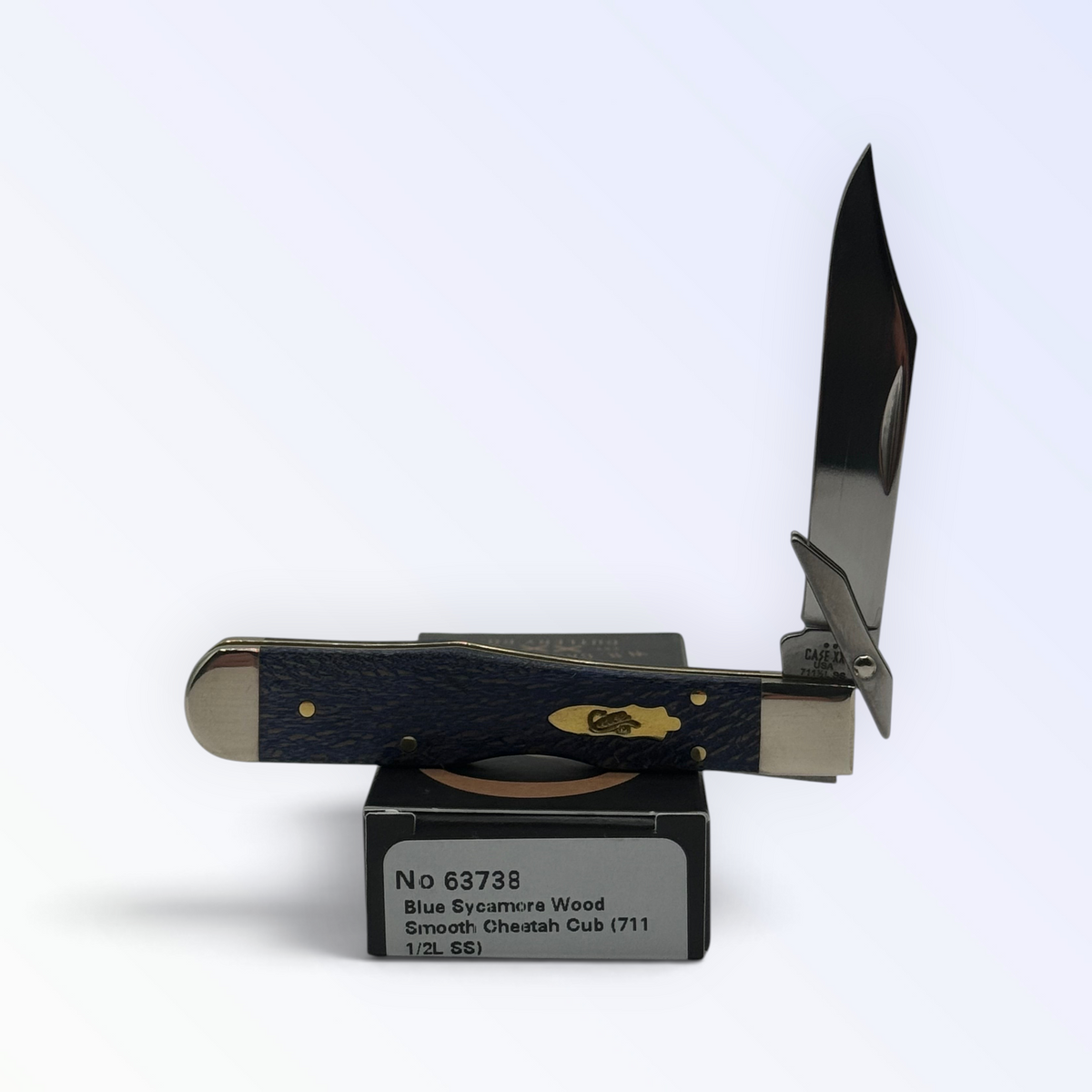 Pigeon Roost Knives Case XX Cheetah Cub pocket knife with blue sycamore wood handle and swing guard blade