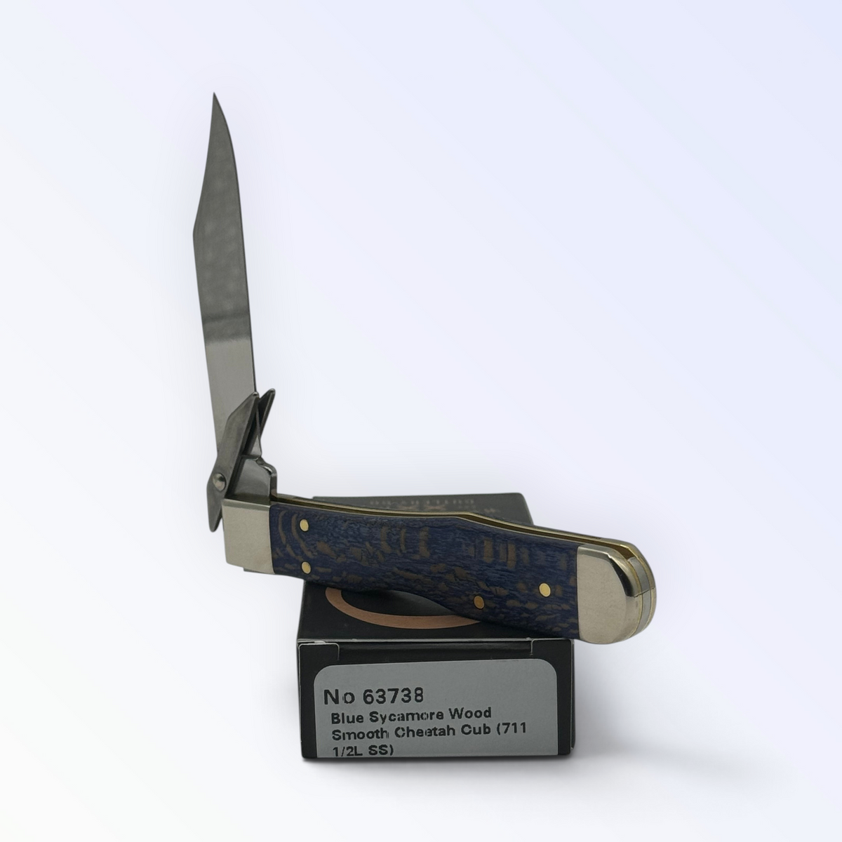 Pigeon Roost Knives Case XX Cheetah Cub pocket knife with blue sycamore wood handle and swing guard blade