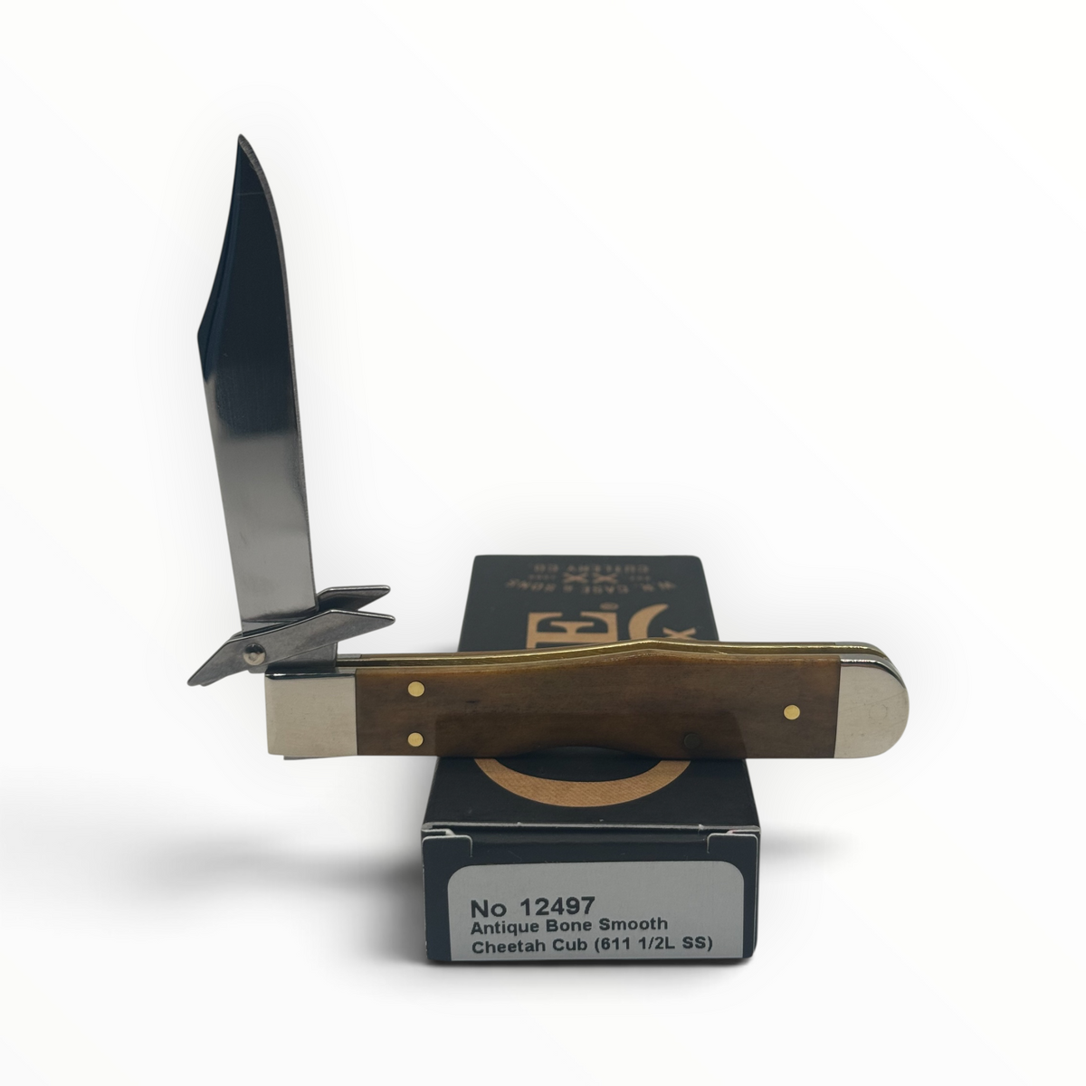 Pigeon Roost Knives Case XX Cheetah Cub with smooth antique bone handle, locking clip blade, and swing guard.