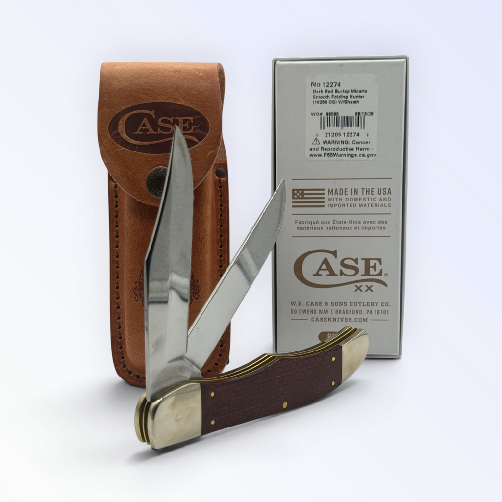 Pigeon Roost Knives Case XX Folding Hunter with dark red burlap Micarta handle, carbon steel blades, and leather sheath