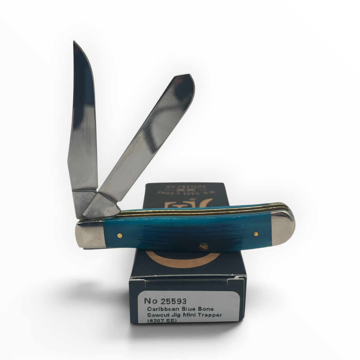 Pigeon Roost Knives Case XX Mini Trapper pocket knife with Caribbean blue sawcut jigged bone handle and two blades