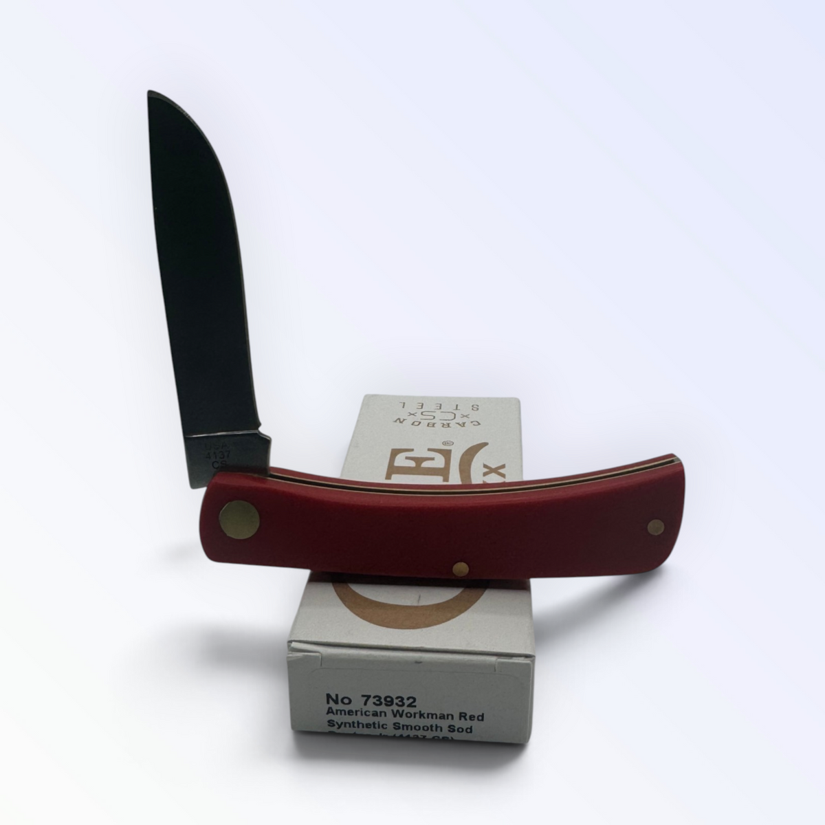 Pigeon Roost Knives Case XX American Workman Sod Buster Jr pocket knife with a red synthetic handle and skinner blade.