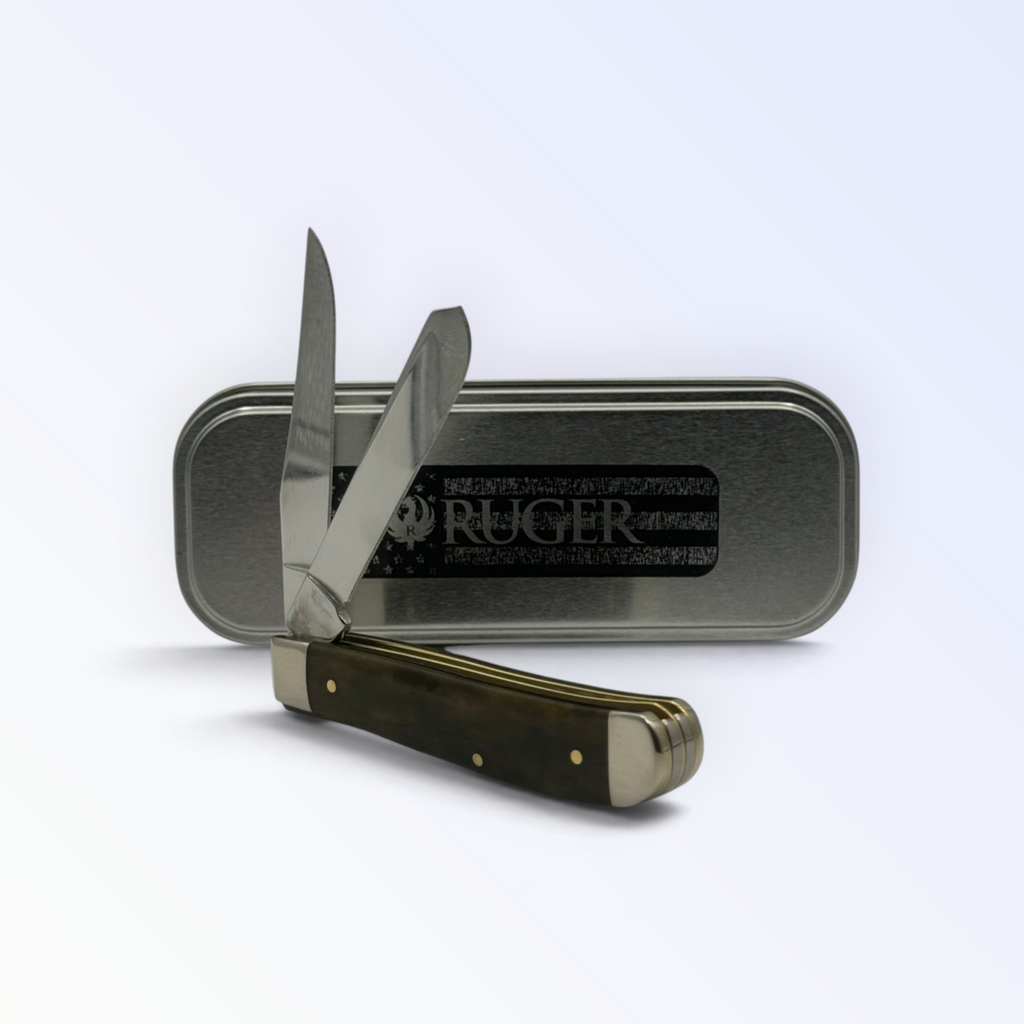 Pigeon Roost Knives Case XX Ruger Mini Trapper with smooth olive green bone handle and two stainless steel blades