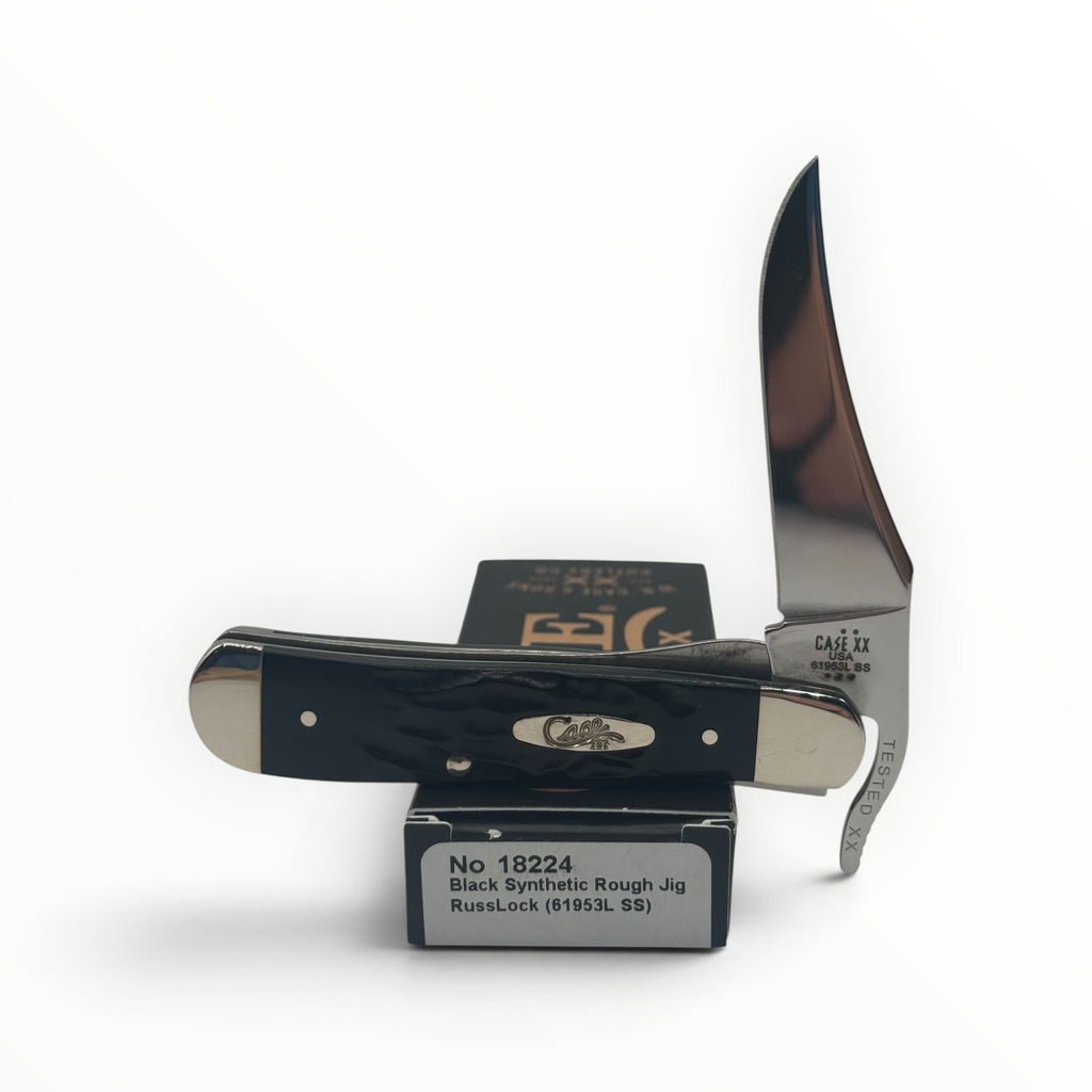 Pigeon Roost Knives Case XX RussLock with black synthetic rough jig handle and stainless steel clip blade