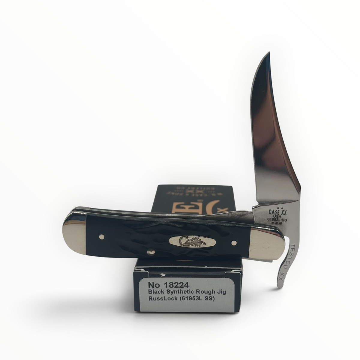 Pigeon Roost Knives Case XX RussLock with black synthetic rough jig handle and stainless steel clip blade