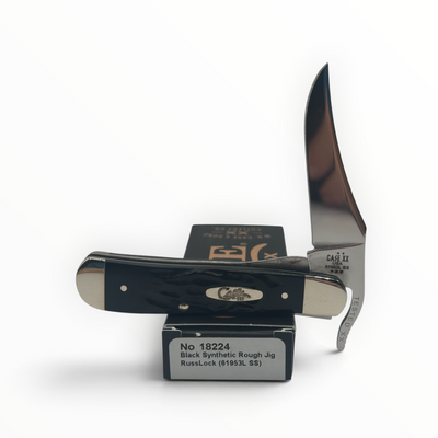 Pigeon Roost Knives Case XX RussLock with black synthetic rough jig handle and stainless steel clip blade