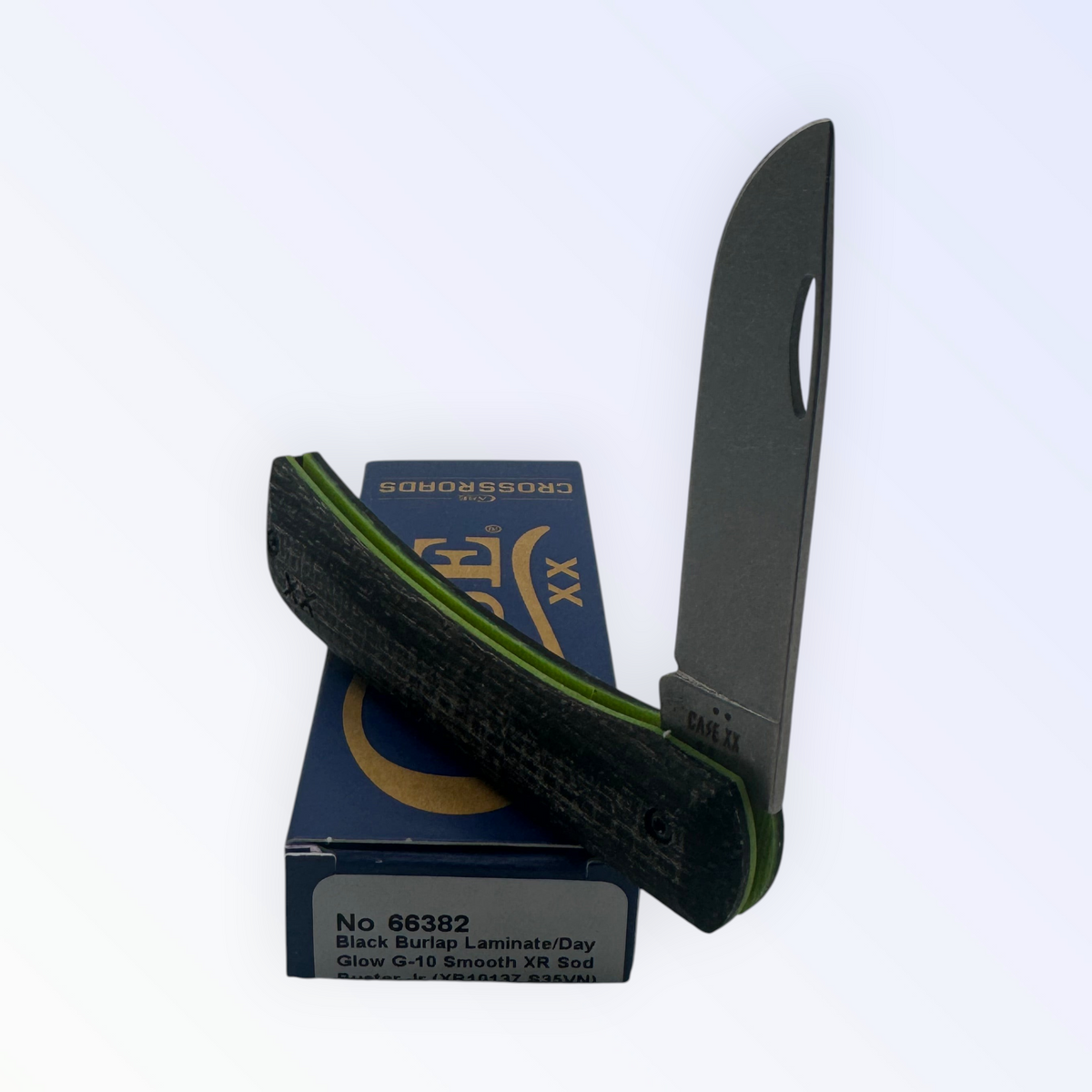 Pigeon Roost Knives Case XX Sod Buster Jr with black canvas laminate handle, day glow G-10 liners, and skinner blade.