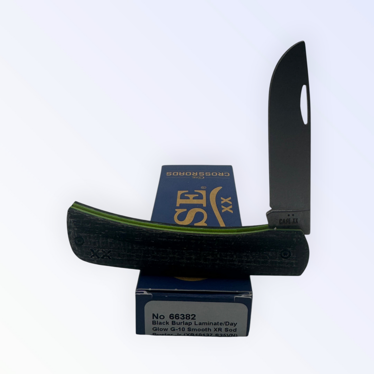 Pigeon Roost Knives Case XX Sod Buster Jr with black burlap laminate handle, neon green G-10 liners, and steel blade.