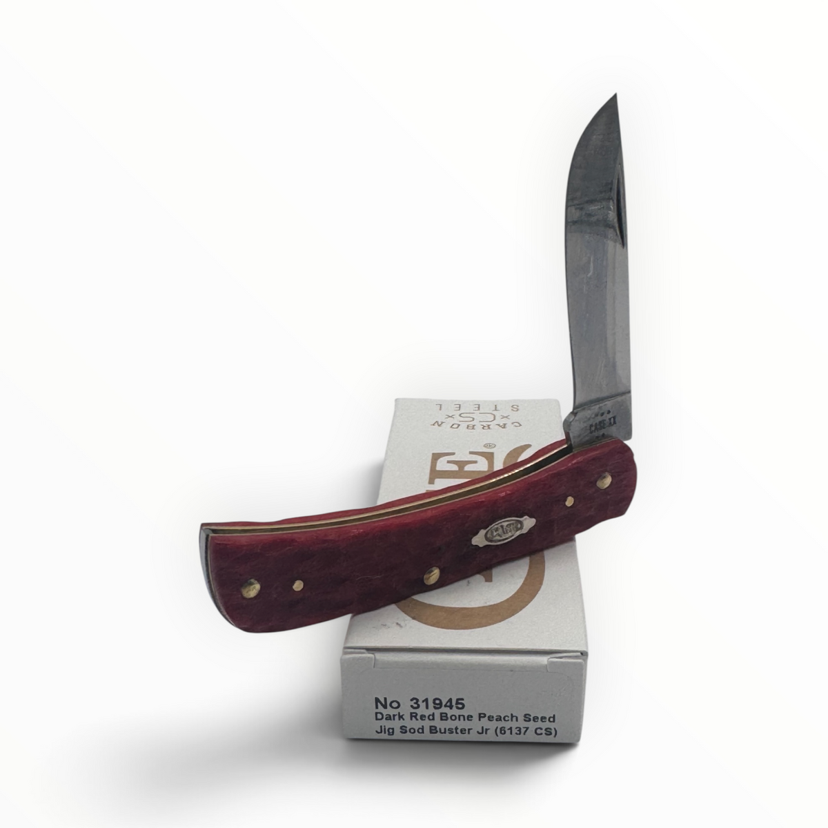 Pigeon Roost Knives Case XX Sod Buster Jr pocket knife with dark red peach seed jigged bone handle and skinner blade
