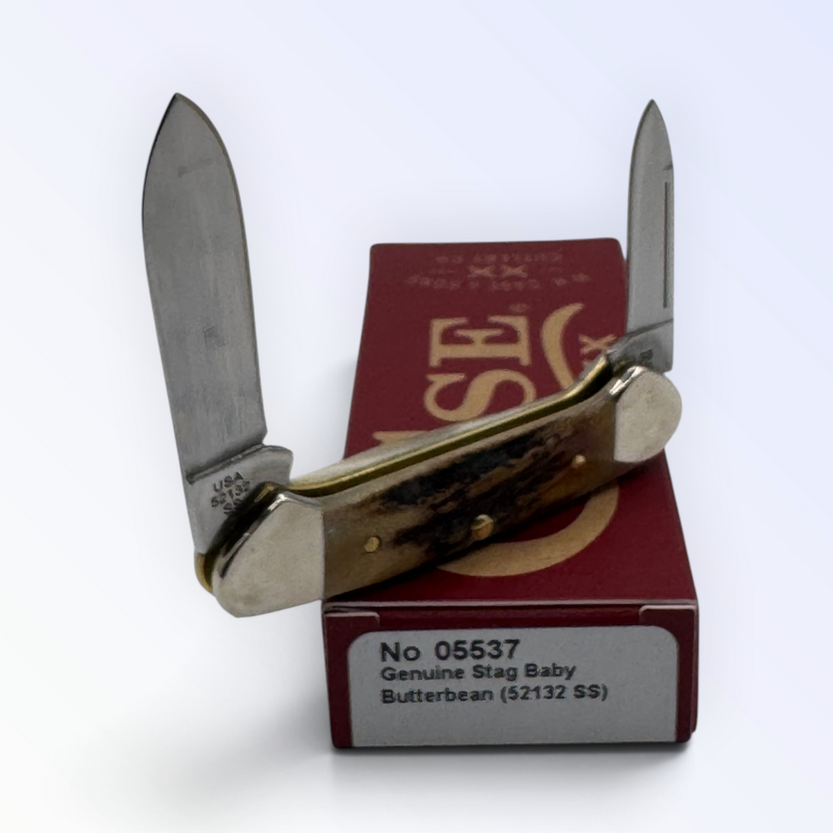 Pigeon Roost Knives Case XX Baby Butterbean pocket knife with genuine deer stag handle and two stainless steel blades.