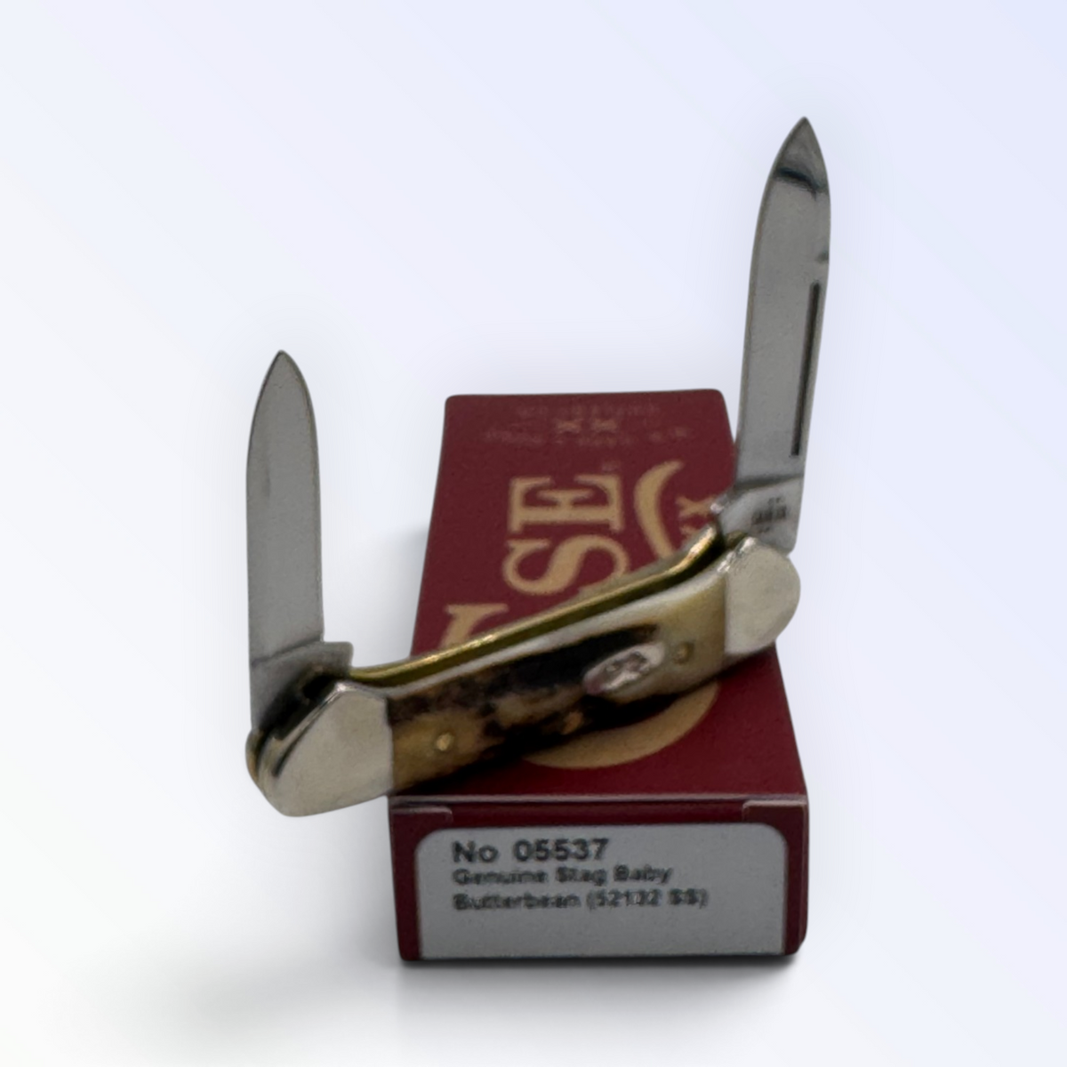 Pigeon Roost Knives Case XX Baby Butterbean pocket knife with genuine deer stag handle and two stainless steel blades.