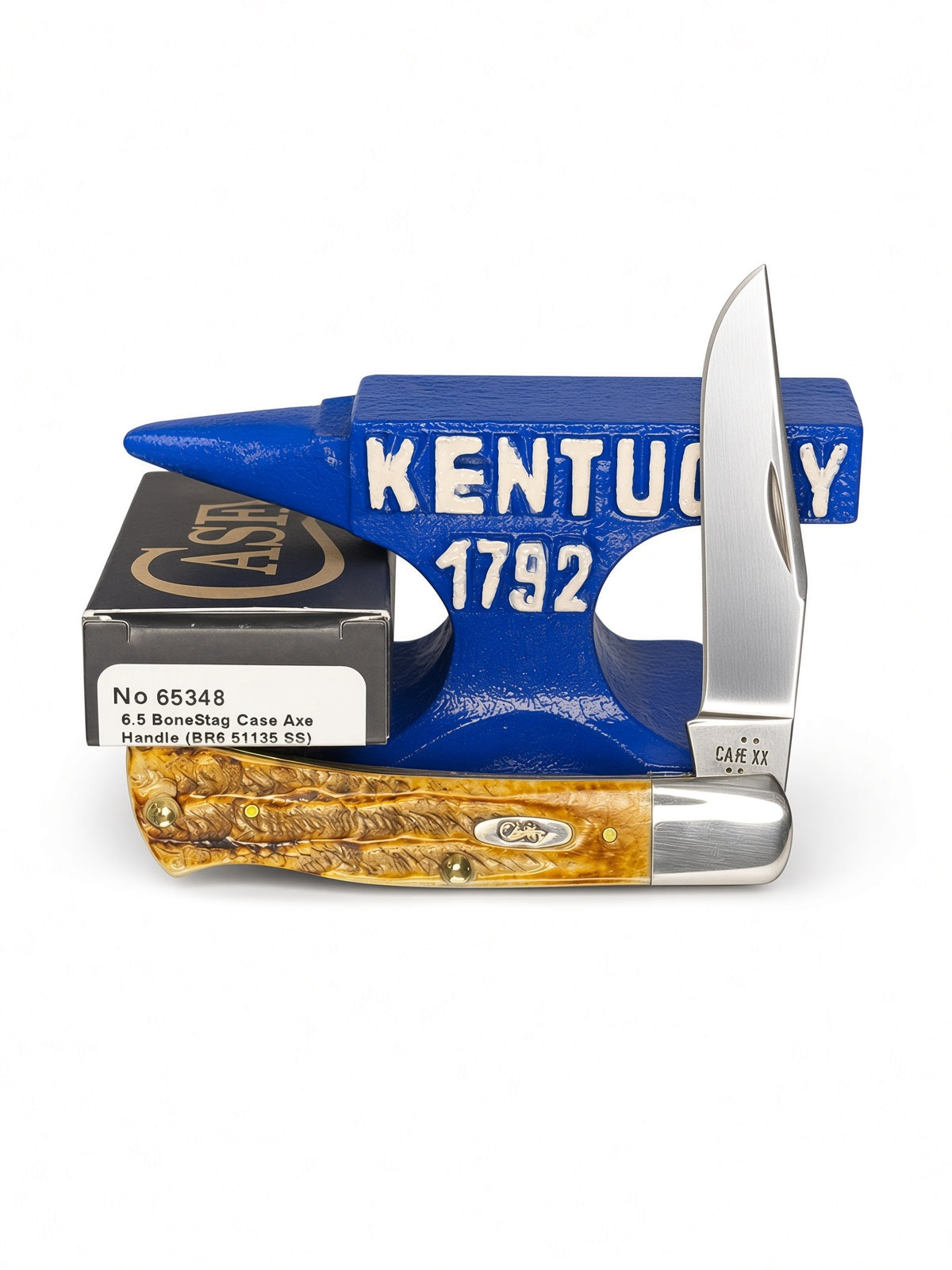 Case XX 65348 Case Axe Handle in 6.5 BoneStag — open blades resting on factory packaging