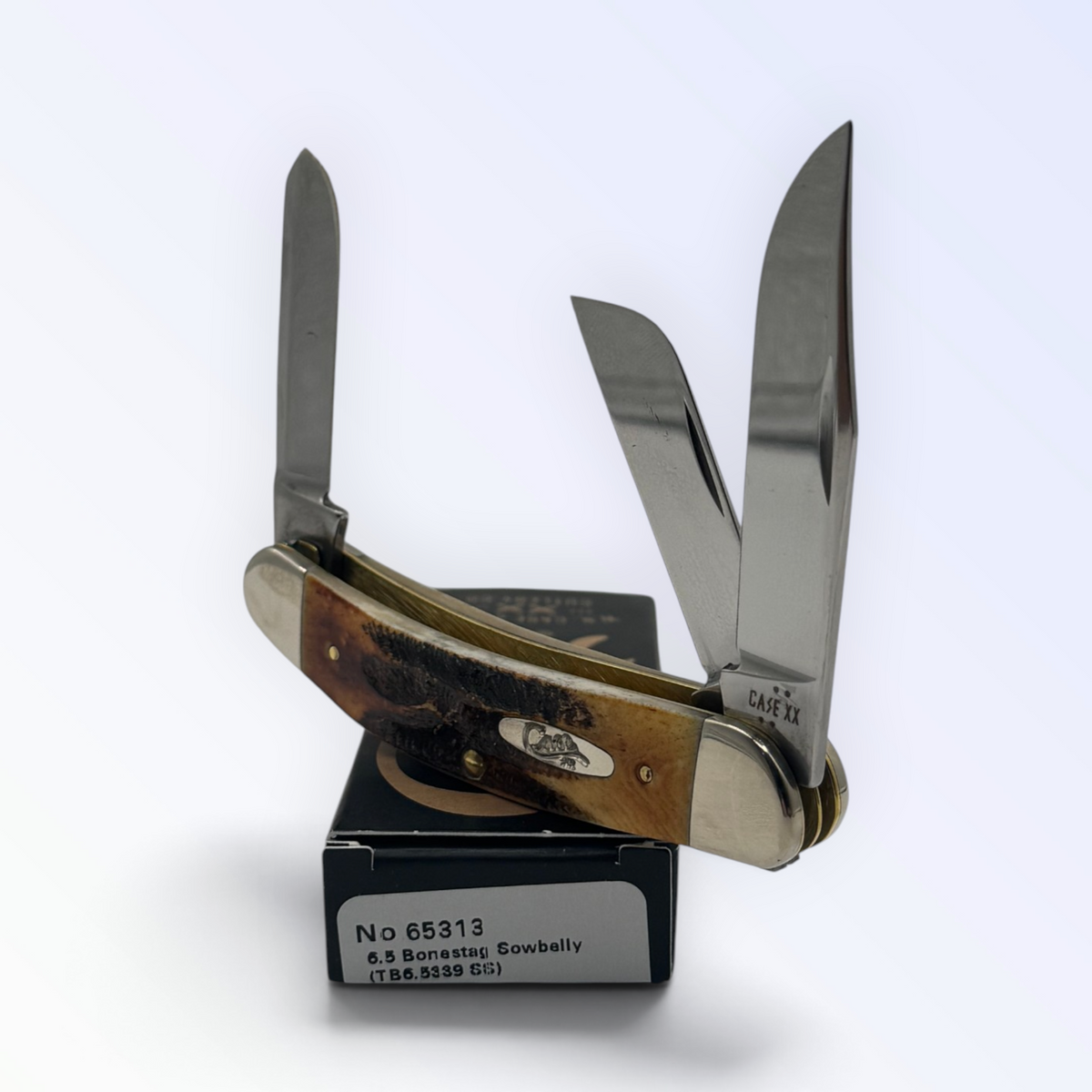 Case XX 65313 6.5 Bonestag Sowbelly — angled open view on Case XX packaging