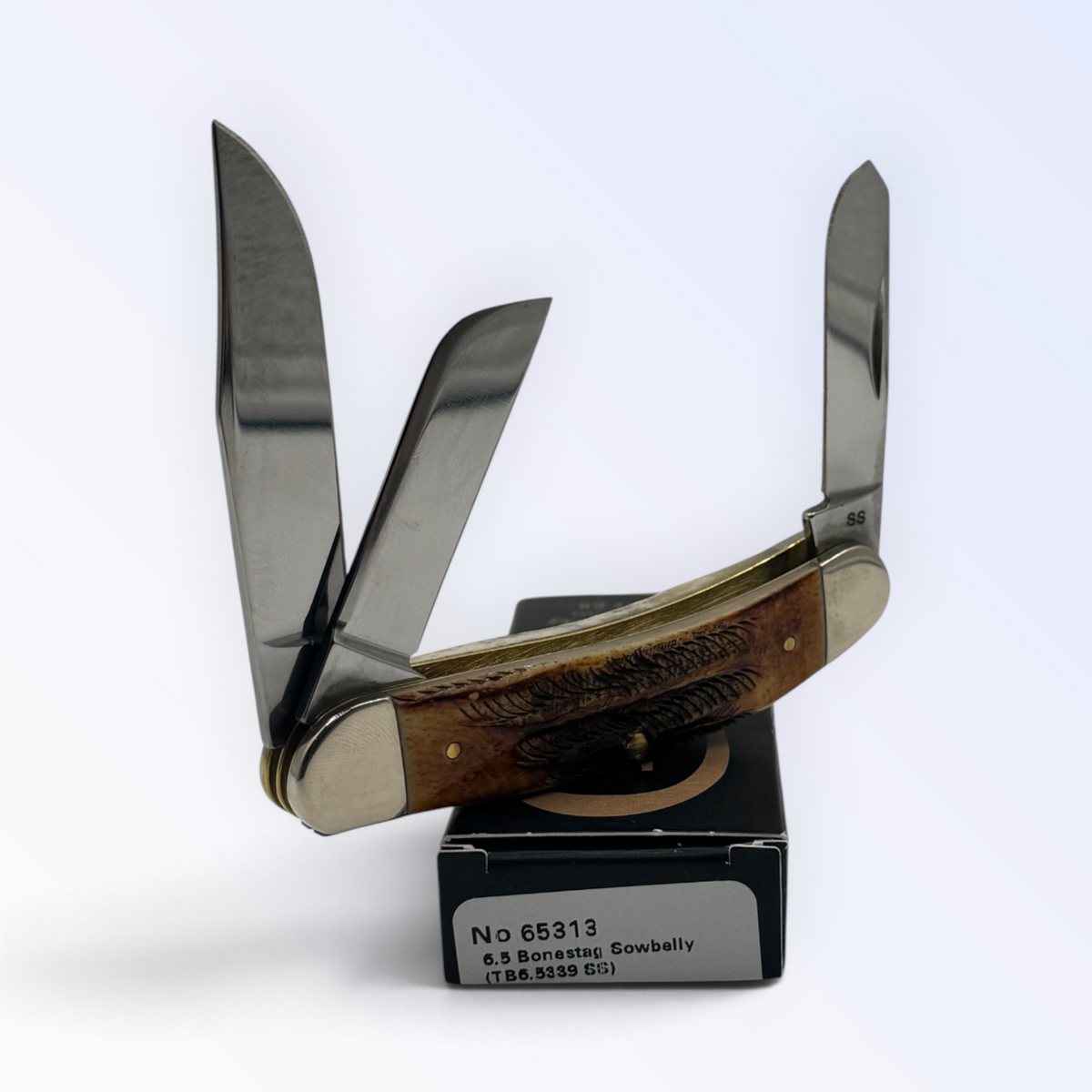Case XX 6.5 Bonestag Sowbelly (65313) — pocket-knife studio shot on retail box